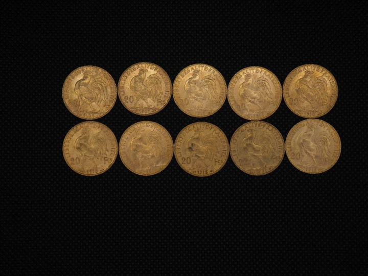 10 pièces de 20 Francs or : 1908, 1907, 1910, 1910, 1910, 1910, 1910, 