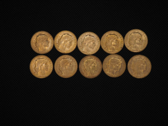 Vente aux enchères 10 pièces de 20 Francs or : 1913, 1910, 1910, 1914, 1914, 1910, 1913, 