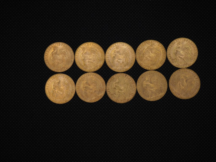10 pièces de 20 Francs or : 1913, 1910, 1910, 1914, 1914, 1910, 1913, 