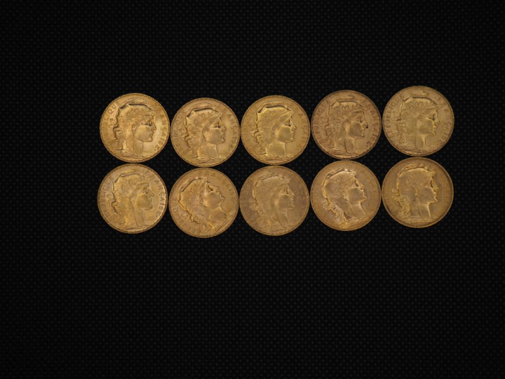 10 pièces de 20 Francs or : 1908, 1910, 1912, 1905, 1904, 1904, 1909, 