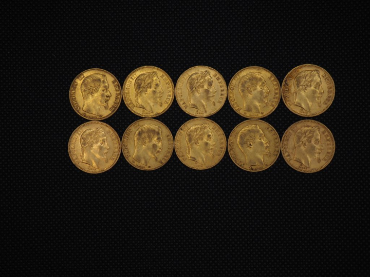 10 pièces de 20 Francs or Napoléon : 1858, 1863, 1868, 1858, 1867, 186
