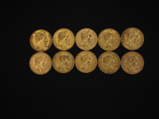 Vente aux enchères 10 pièces de 20 Francs or Napoléon : 1858, 1863, 1868, 1858, 1867, 186