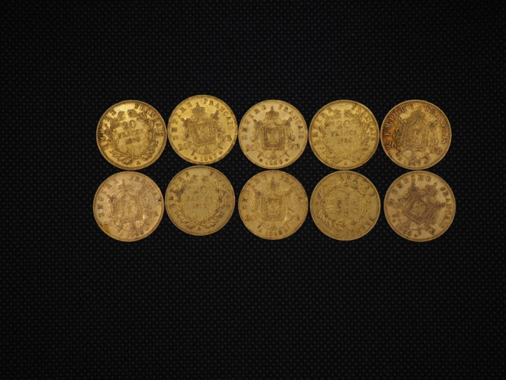 10 pièces de 20 Francs or Napoléon : 1858, 1863, 1868, 1858, 1867, 186