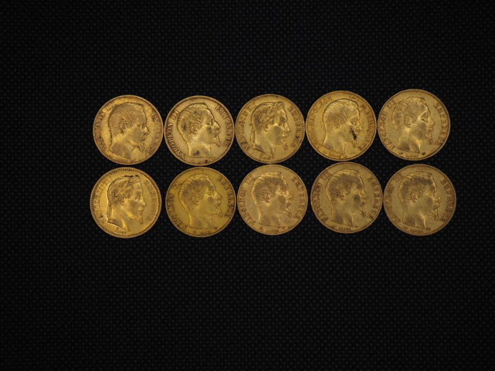10 pièces de 20 Francs or Napoléon : 1854, 1854, 1867, 1852, 1858, 186