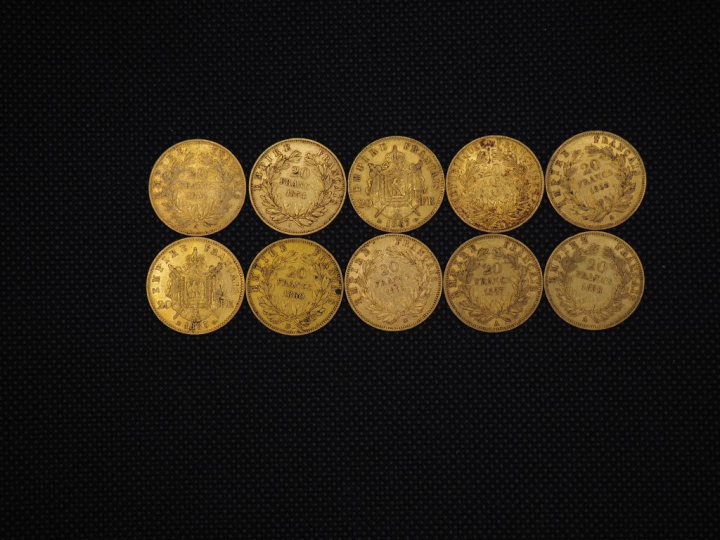 10 pièces de 20 Francs or Napoléon : 1854, 1854, 1867, 1852, 1858, 186