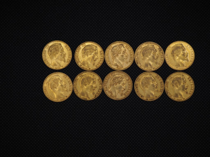 10 pièces de 20 Francs or Napoléon : 1857, 1859, 1866, 1860, 1856, 185