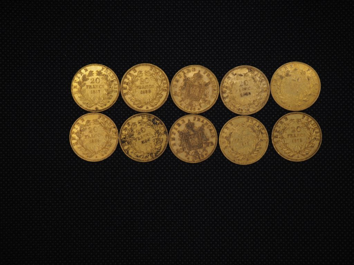 10 pièces de 20 Francs or Napoléon : 1857, 1859, 1866, 1860, 1856, 185