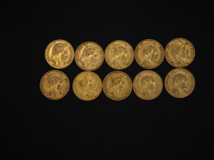 10 pièces de 20 Francs or Napoléon : 1867, 1861, 1857, 1859, 1857, 185