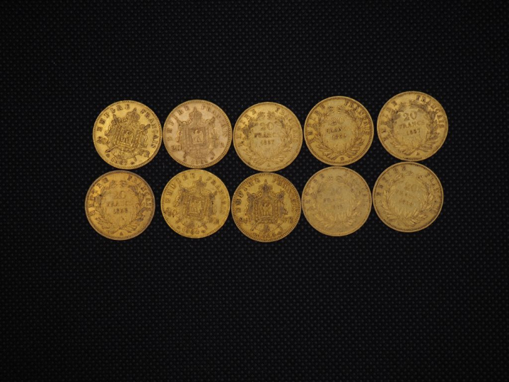 10 pièces de 20 Francs or Napoléon : 1867, 1861, 1857, 1859, 1857, 185