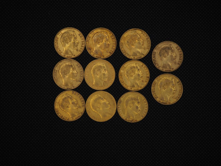 11 pièces de 20 Francs or Napoléon : 1857, 1856, 1860, 1855, 1855, 185