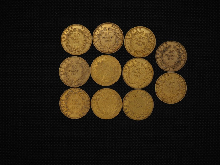 11 pièces de 20 Francs or Napoléon : 1857, 1856, 1860, 1855, 1855, 185