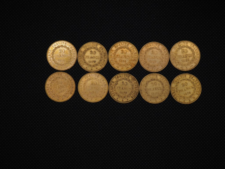 10 pièces de 20 Francs or : 1896, 1895, 1897, 1896, 1897, 1895, 1877, 