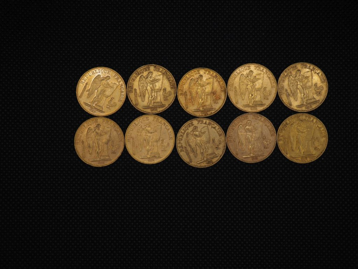 10 pièces de 20 Francs or : 1896, 1895, 1897, 1896, 1897, 1895, 1877, 