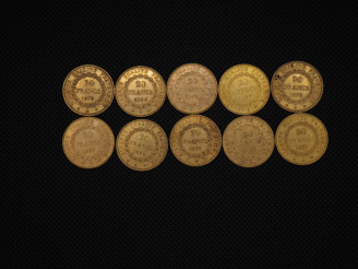 Vente aux enchères 10 pièces de 20 Francs or : 1877, 1893, 1876, 1875, 1897, 1876, 1877, 