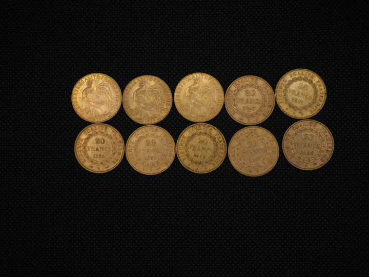 10 pièces de 20 Francs or : 1896, 1871, 1897, 1875, 1895, 1895, 1897, 