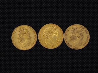 Vente aux enchères 3 pièces de 20 Francs or : 1844, 1840, 1850   