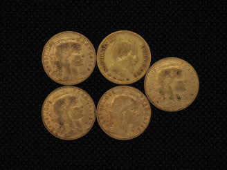 Vente aux enchères 5 pièces de 10 Francs or : 1855, 1901, 1908, 1906, 1905   