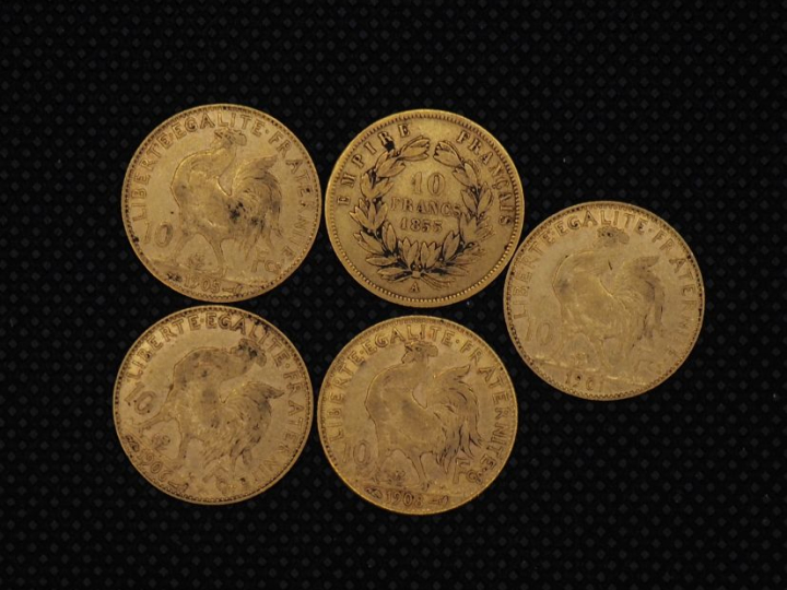 5 pièces de 10 Francs or : 1855, 1901, 1908, 1906, 1905   