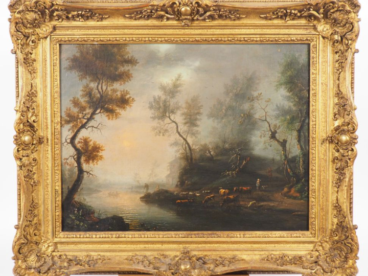 Ecole hollandaise fin XVIIIème début XIXème. "paysage lacustre animé a