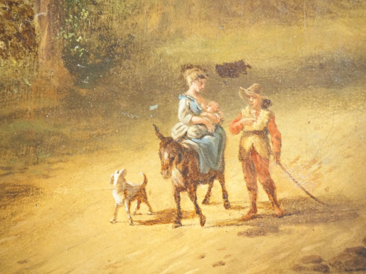 Ecole allemande vers 1800. "Paysans le long d'une rivière" Toile d'ori