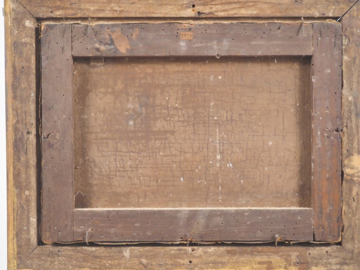 Ecole allemande vers 1800. "Paysans le long d'une rivière" Toile d'ori