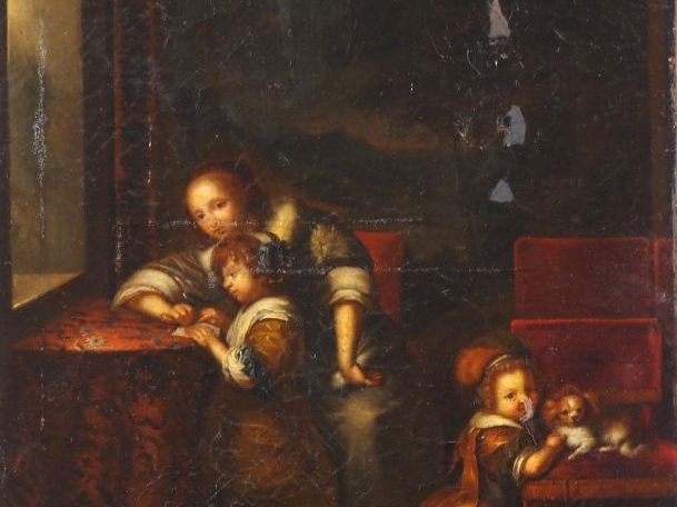 Ecole française XIXème. "Jeune mère et ses enfants dans un intérieur".