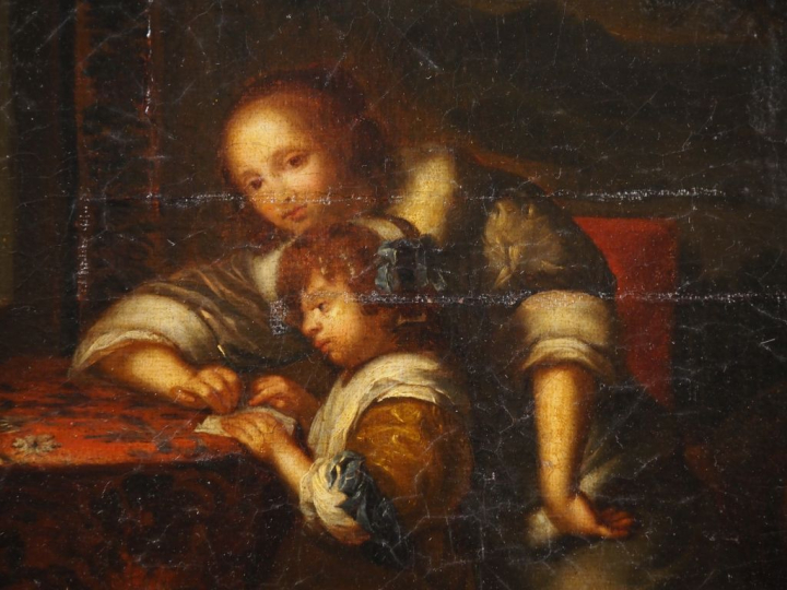 Ecole française XIXème. "Jeune mère et ses enfants dans un intérieur".