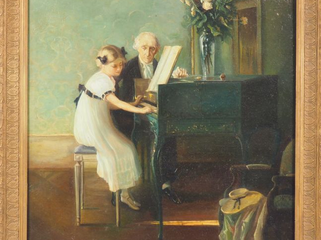 Ecole française fin XIXème.  "la leçon de piano" Huile sur toile Dim. 