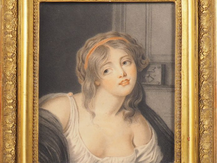 Ecole française XIXème. "Portrait de jeune fille". Fusain dans un cadr