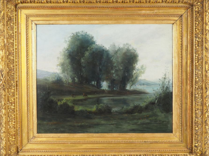 Ecole française XIXème, école de Corot. "paysage lacustre" Huile sur t