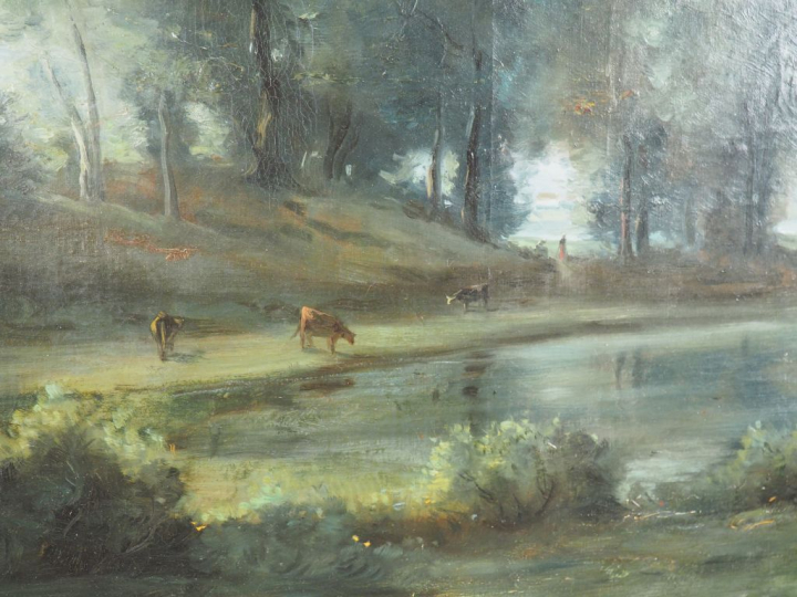 Ecole française XIXème, école de Corot. "paysage lacustre" Huile sur t