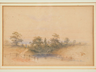 Vente aux enchères Ecole française XIXème. "paysage animé à la rivière" Aquarelle signée 