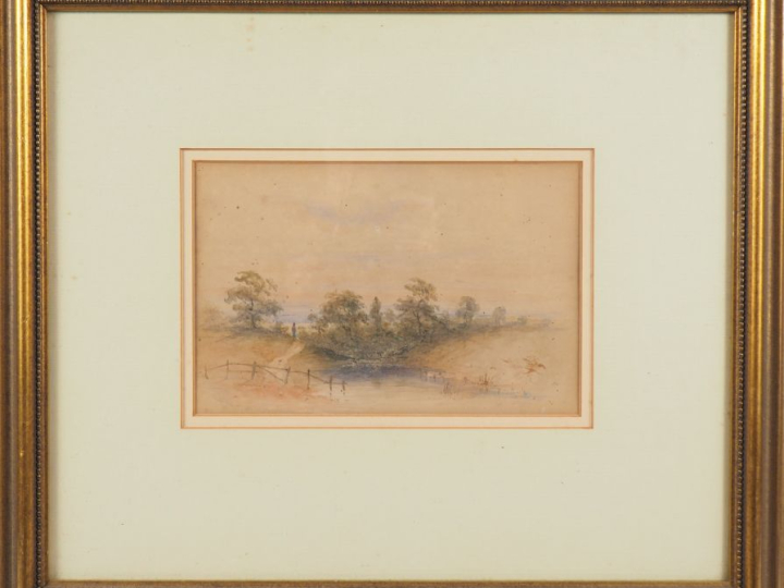 Ecole française XIXème. "paysage animé à la rivière" Aquarelle signée 