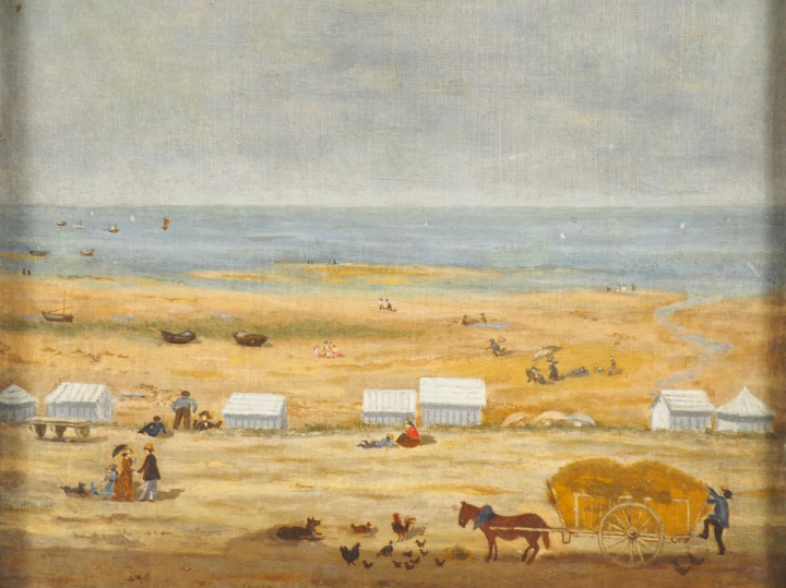 Ecole française XIXème. "Bord de mer animé". Huile sur toile. Dim. 31 