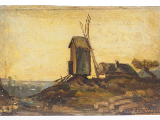 Vente aux enchères Ecole française fin XIXème - début XXème. "Le moulin" et "marine". 2 h