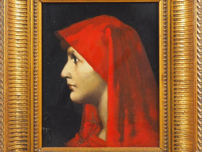 Ecole française début XXème. "Portrait de femme à la tunique rouge". H