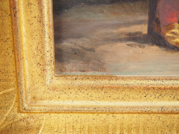 Ecole française XXème. "Musicien". Huile sur panneau, signée en bas à 