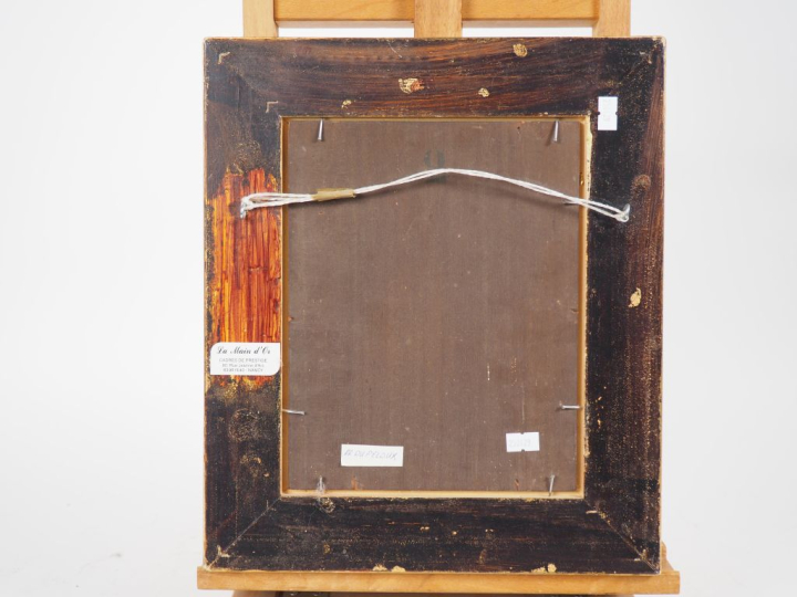 Ecole française XXème. "Musicien". Huile sur panneau, signée en bas à 