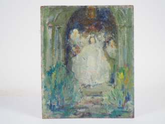 Vente aux enchères Ecole française XXème. "La sortie de la mariée". Huile sur panneau. Di