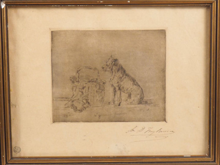 Ecole française XXème. "le gardien fidèle" Eau-forte signée en bas à d