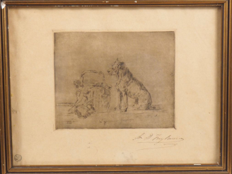 Vente aux enchères Ecole française XXème. "le gardien fidèle" Eau-forte signée en bas à d