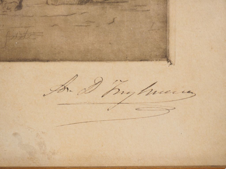 Ecole française XXème. "le gardien fidèle" Eau-forte signée en bas à d