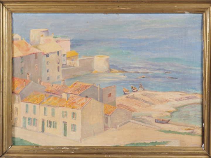 Ecole française XXème.  "village catalan en bord de mer"  Huile sur to