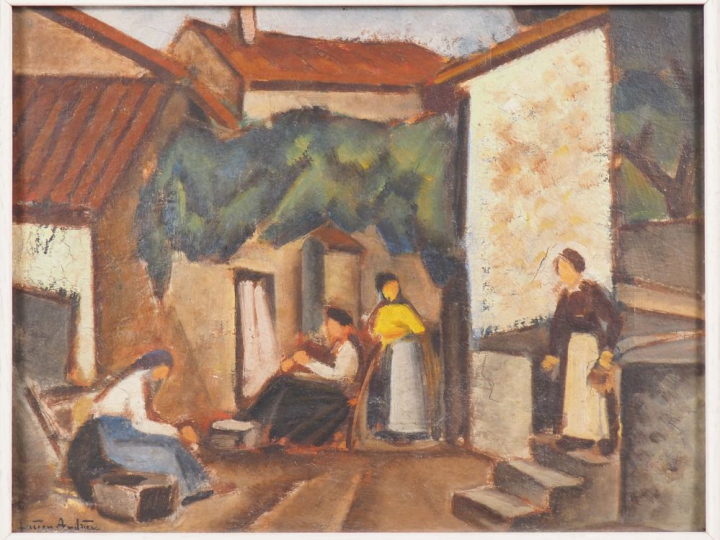 Lucien ANDRIEU.  "les commères de Bruniquel" Huile sur panneau, signée