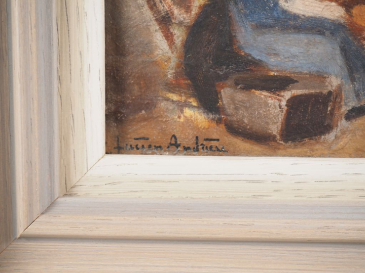 Lucien ANDRIEU.  "les commères de Bruniquel" Huile sur panneau, signée