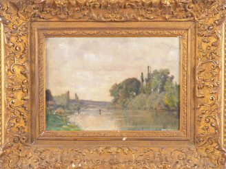 Vente aux enchères CHEROT. "bord de rivière" Huile sur carton Dim: 19 X 27 cm