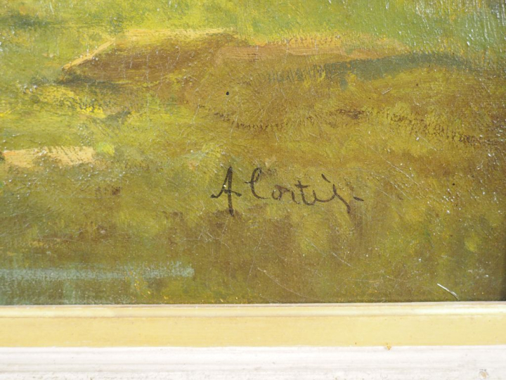 A. CORTES. "Troupeau s'abreuvant près de l'étang". Huile sur toile, si