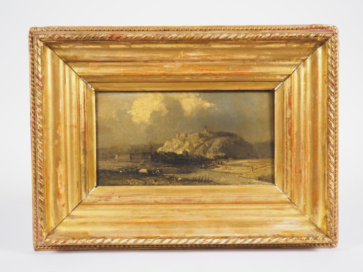 E. DESHAYES.  "ville fortifiée au bord de l'eau" Huile sur panneau, si