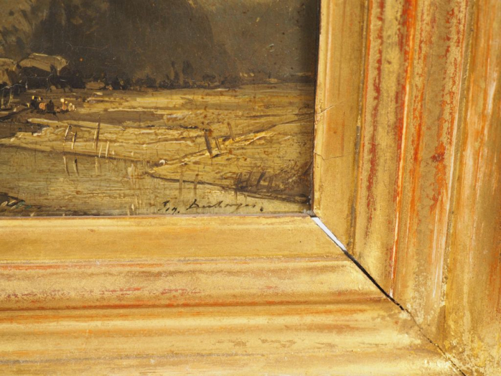 E. DESHAYES.  "ville fortifiée au bord de l'eau" Huile sur panneau, si