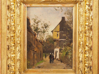 Vente aux enchères Camille Emile DUFOUR. "ruelle animée" Huile sur carton, signée en bas 